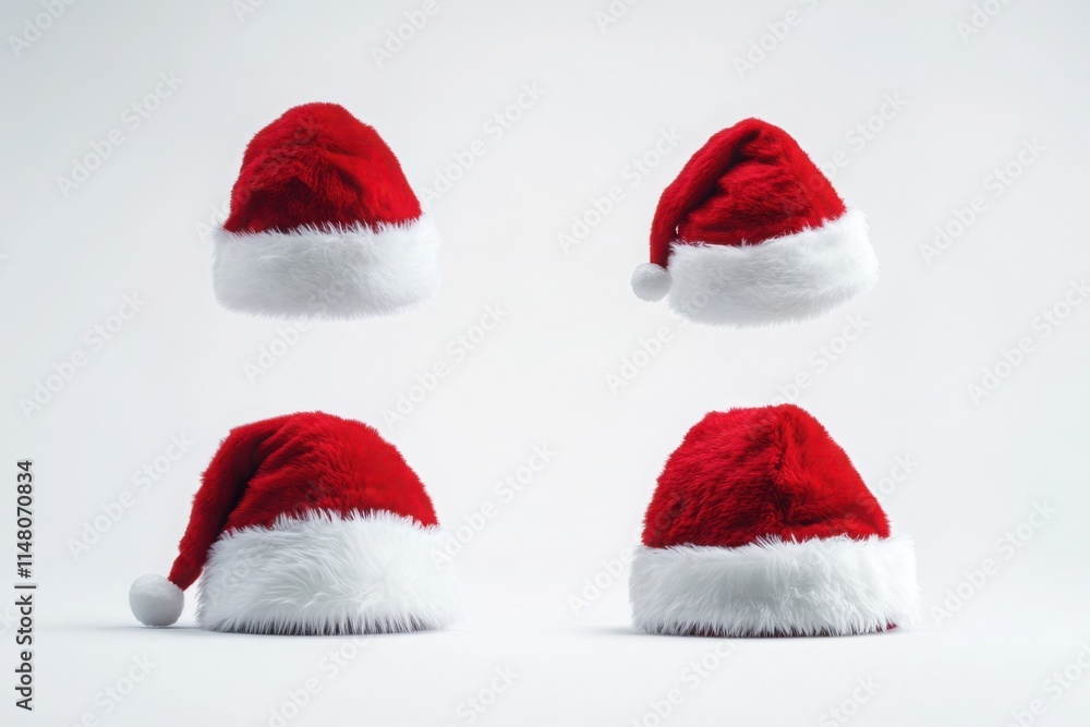Set of red Santa hats with fluffy white trims for festive holiday celebrations
Set of red Santa hats with fluffy white trims for festive holiday celebrations