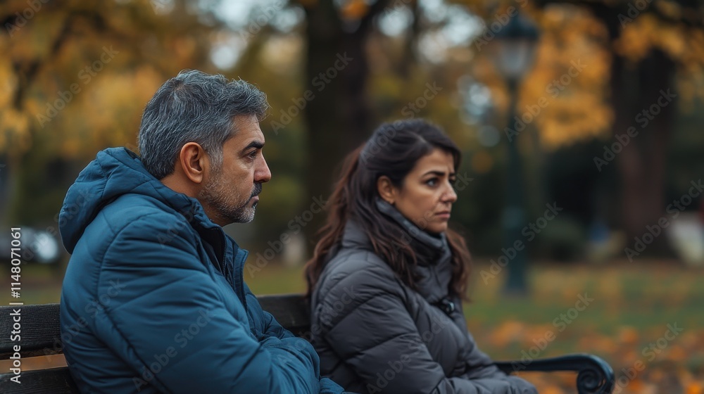 Fototapeta premium Couples Autumn Park Bench Disagreement Sadness, Silence, and Distance