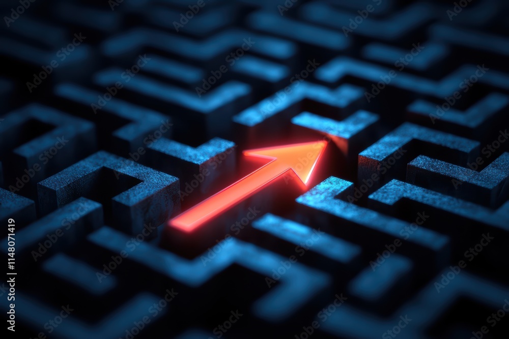 Bright Red Arrow Guiding Through Complex Dark Maze Background Bright Red Arrow Guiding Through Complex Dark Maze Background