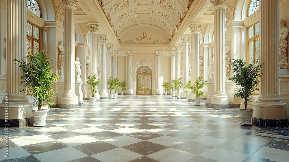 Elegant hall with marble flooring, tall columns, and decorative plants. Elegant hall with marble flooring, tall columns, and decorative plants.