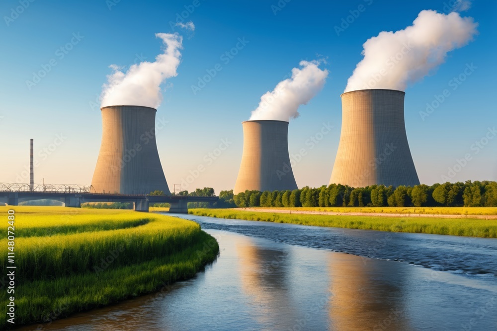 arafed cooling towers with smoke rising from them next to a river arafed cooling towers with smoke rising from them next to a river