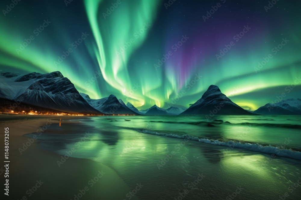 arafed view of a beach with a mountain range and a green aurora arafed view of a beach with a mountain range and a green aurora