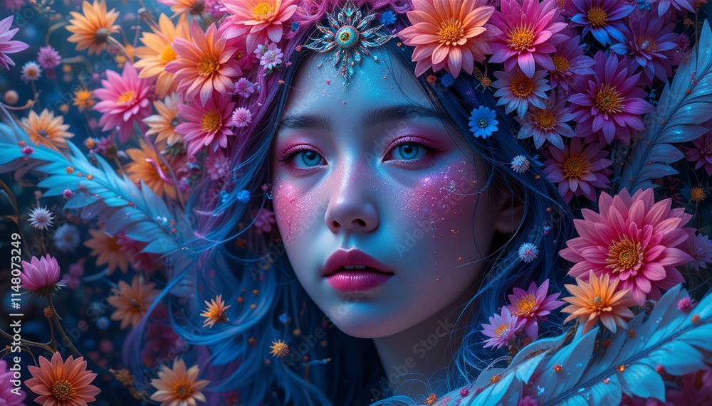 Portrait photo of a beautiful model in a photo with a bright colorful flower theme Portrait photo of a beautiful model in a photo with a bright colorful flower theme