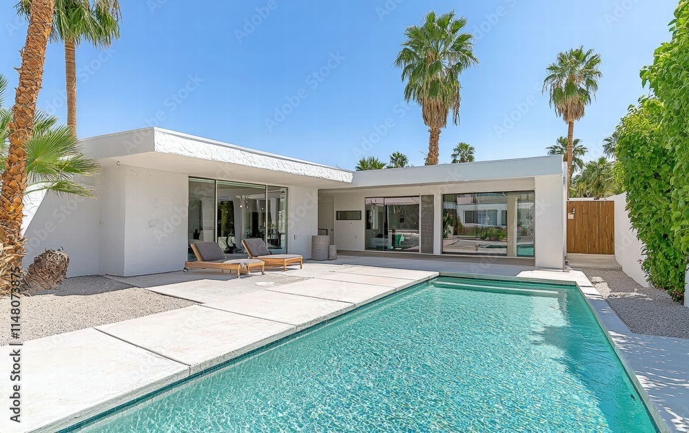 Fototapeta premium A sleek mid-century home with white stucco walls, teak accents, and a minimalist pool