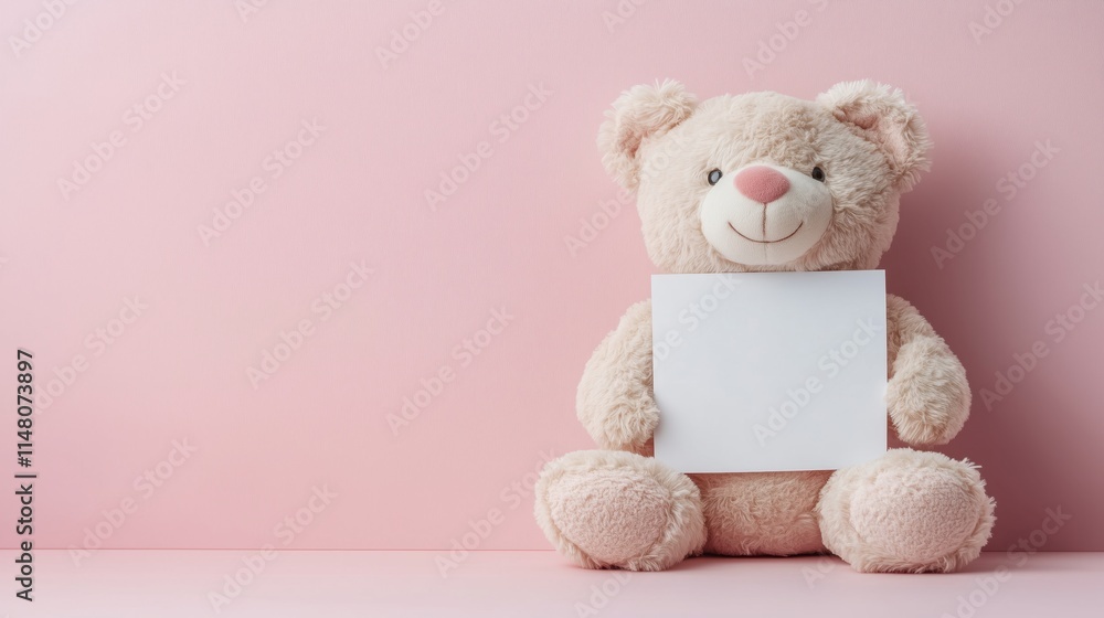 Cute teddy bear plush toy holding a blank paper note on pink background. Concept for Valentine's day gift, Love letter, Puppy love Cute teddy bear plush toy holding a blank paper note on pink background. Concept for Valentine's day gift, Love letter, Puppy love