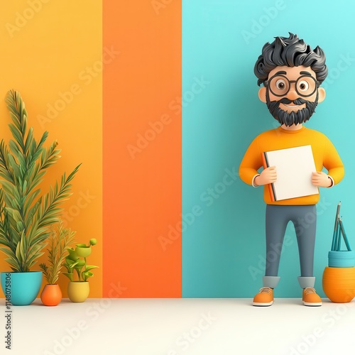 A 3D clipart of a comic artist holding a sketchbook, standing on the right side of the image, with a randomly colored background4K cartoon animation photo