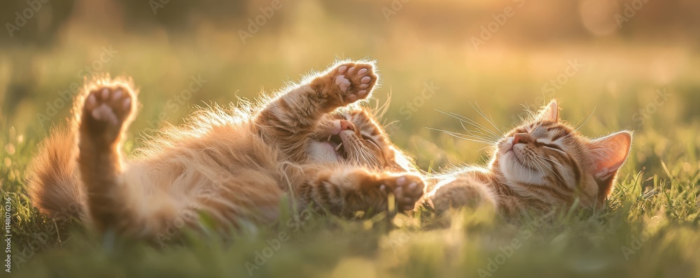 playful cats, sunny day, outdoor fun, grass background, warm light, nature scene, companionship, motion and joy in animals playful cats, sunny day, outdoor fun, grass background, warm light, nature scene, companionship, motion and joy in animals