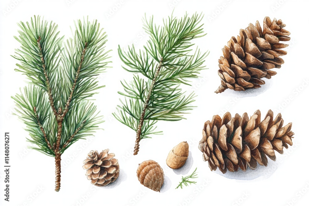 Detailed Illustration of Pine Branches, Green Needles, and Various Pine Cones Showing the Diversity of Pine Trees in Woodland Settings Detailed Illustration of Pine Branches, Green Needles, and Various Pine Cones Showing the Diversity of Pine Trees in Woodland Settings