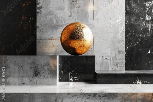 a golden sphere surrounded by floating black and white solids, showcasing a juxtaposition of textures and materials