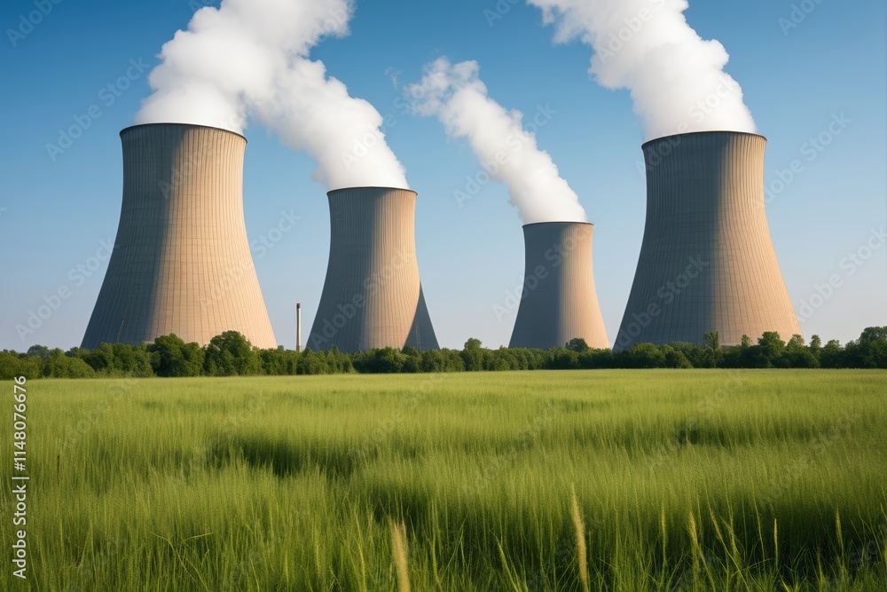 three cooling towers with smoke coming out of them in a field three cooling towers with smoke coming out of them in a field