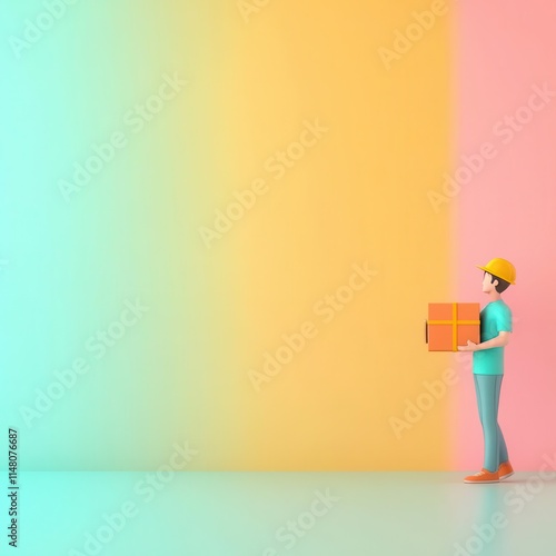 A 3D clipart of a delivery person holding a package, standing on the right side of the image, with a randomly colored background4K cartoon animation photo