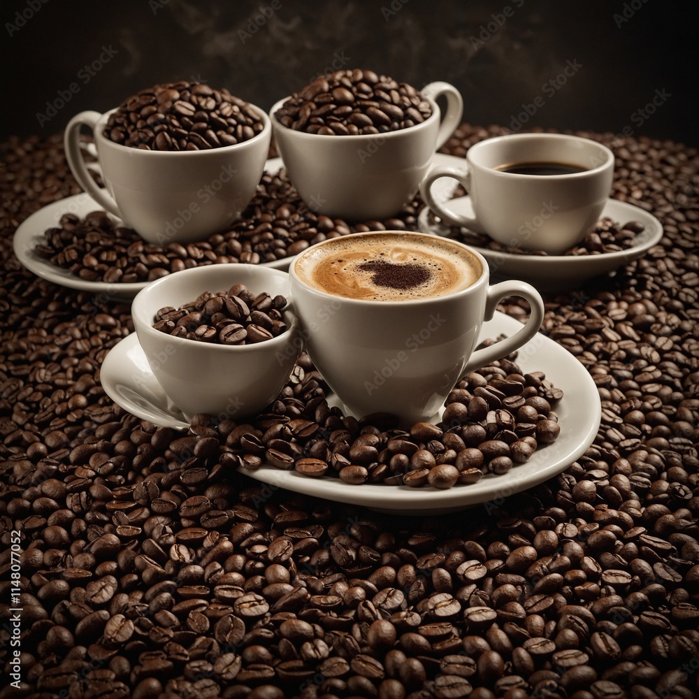 Fototapeta premium Capture an artistic arrangement of coffee cups and beans.