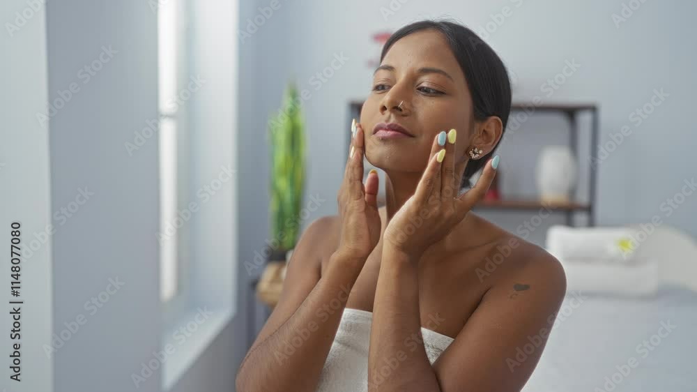 Woman gently massaging her face in a serene spa room, showcasing relaxed ambiance of wellness and beauty, with soft natural light illuminating the indoor space Woman gently massaging her face in a serene spa room, showcasing relaxed ambiance of wellness and beauty, with soft natural light illuminating the indoor space