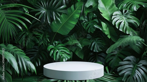 product display background template - green jungle leaves with white platform mock up photo