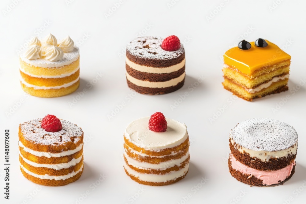 Assorted small layered cakes with different fruit toppings and icing, arranged on a white background.
Assorted small layered cakes with different fruit toppings and icing, arranged on a white background.