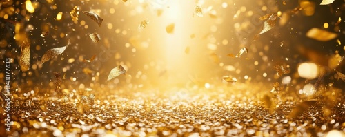 Gold confetti falling on the stage with spotlight and golden glitte photo