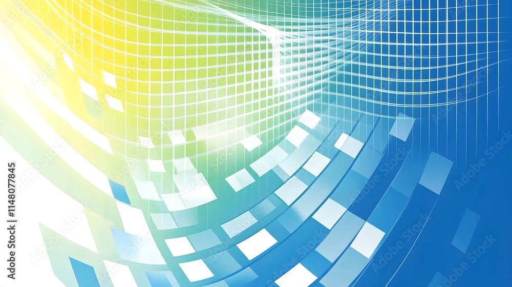 Abstract digital design with curved lines and grid patterns in blue and yellow hues.