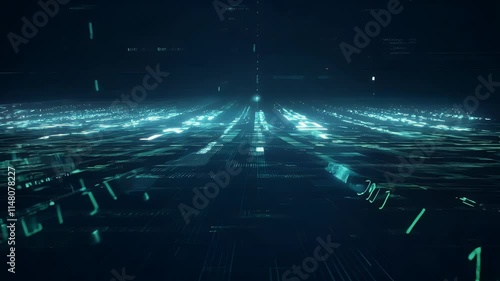 Futuristic digital landscape with glowing binary code lines creating a sense of depth and movement.
