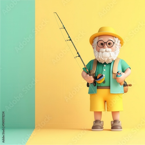 A 3D clipart of a fisherman holding a fishing rod, standing on the right side of the image, with a randomly colored background4K cartoon animation photo