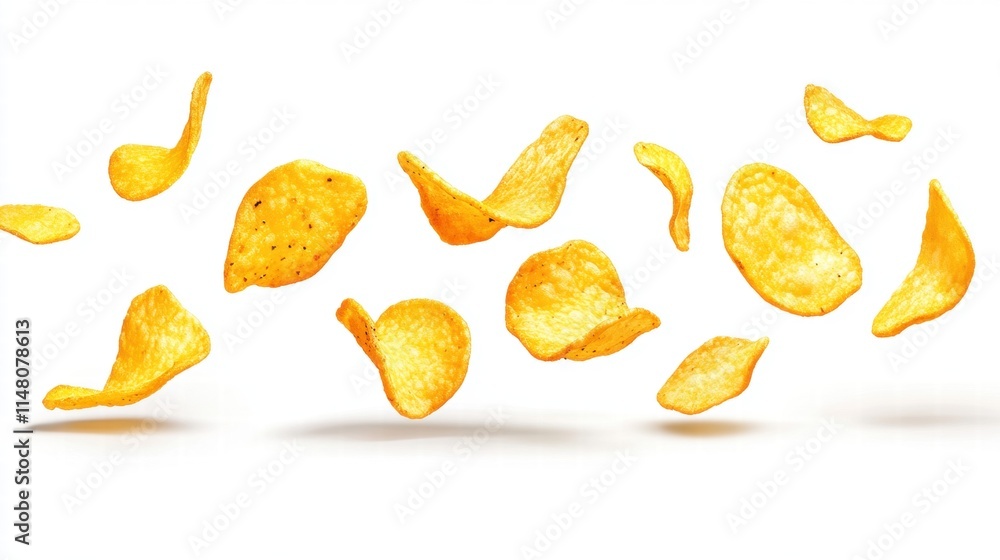 A Mesmerizing Display of Crispy Potato Chips Floating in Mid-Air, Highlighting Their Golden Color and Unique Shapes in a Fun and Playful Style A Mesmerizing Display of Crispy Potato Chips Floating in Mid-Air, Highlighting Their Golden Color and Unique Shapes in a Fun and Playful Style