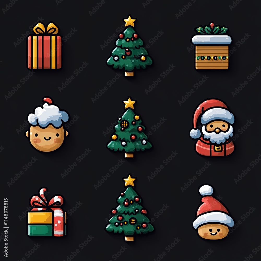 Sleek Modern Vector Icons Set: Christmas Tree, Gift Box, Candy Cane, Snowflake, Santa Hat for Holiday-Themed Graphics Sleek Modern Vector Icons Set: Christmas Tree, Gift Box, Candy Cane, Snowflake, Santa Hat for Holiday-Themed Graphics