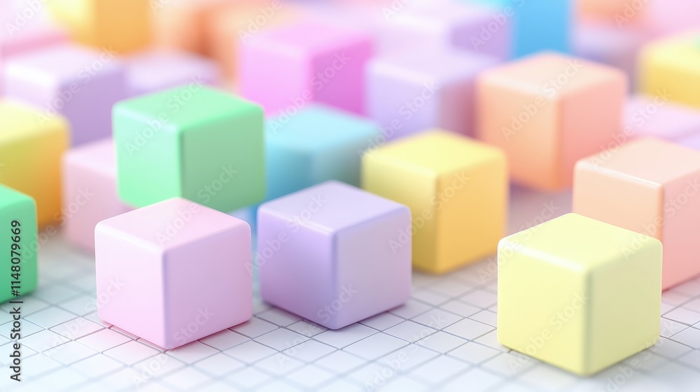 Pastel-colored cubes scattered on a grid background. Pastel-colored cubes scattered on a grid background.
