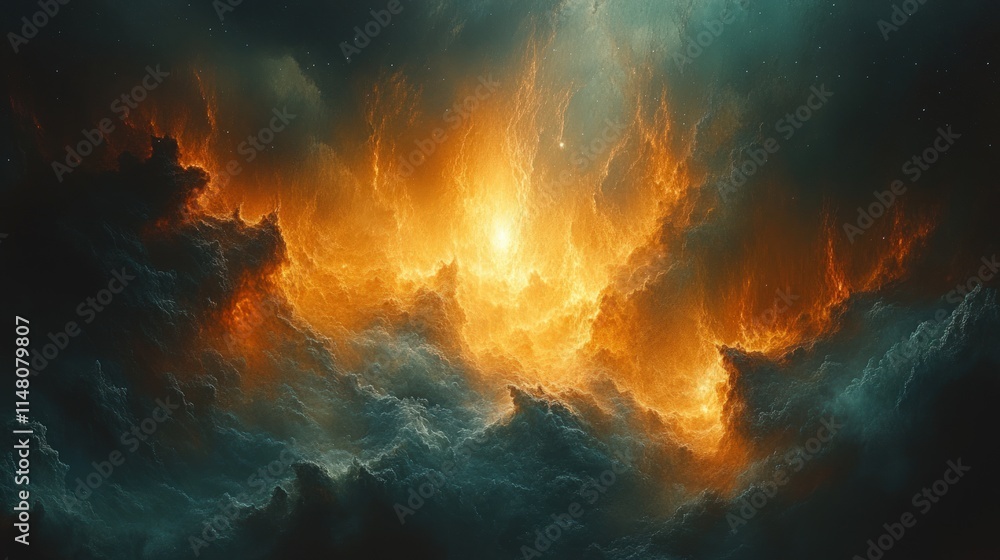 Fiery cosmic clouds, dark nebula, starry expanse. Fiery cosmic clouds, dark nebula, starry expanse.