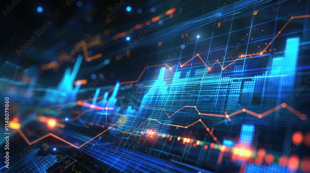 Financial graph with futuristic blue holographic lines and grids Financial graph with futuristic blue holographic lines and grids
