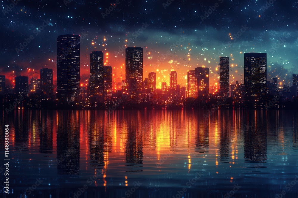 Fototapeta premium A vibrant city skyline at sunset, reflecting colors on the water's surface.