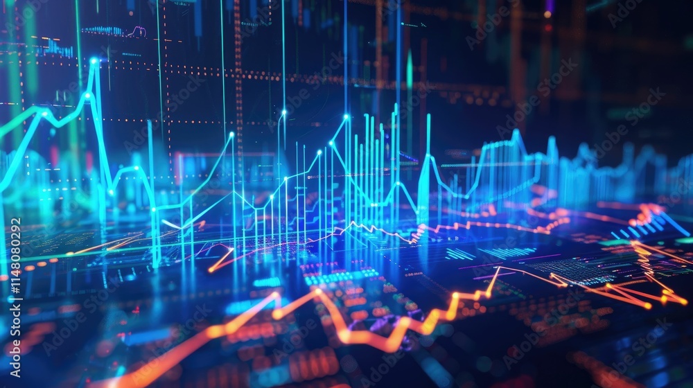 Financial graph with futuristic blue holographic lines and grids Financial graph with futuristic blue holographic lines and grids