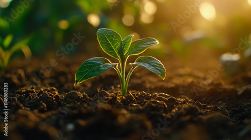 Green seedling grows in rich soil under warm sunlight at dawn.  photo