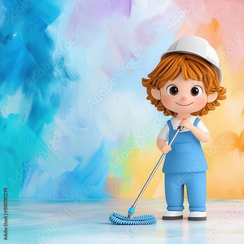 A 3D clipart of a janitor holding a mop, standing on the right side of the image, with a randomly colored background4K cartoon animation photo