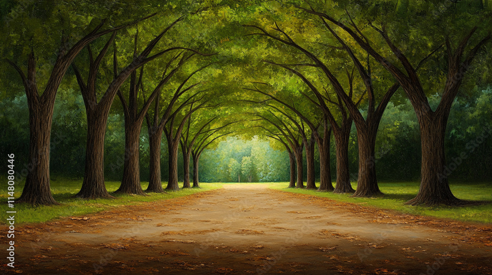 Serene Tree-Lined Pathway Leading into Lush Green Forest Serene Tree-Lined Pathway Leading into Lush Green Forest