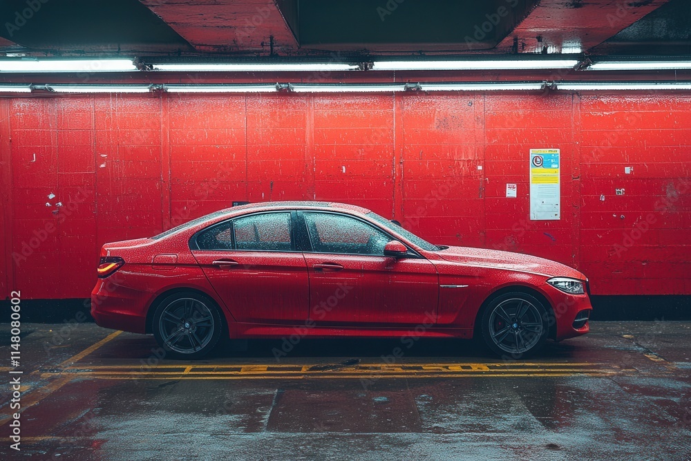 A red car parked in a dimly lit garage with a vibrant red wall backdrop. A red car parked in a dimly lit garage with a vibrant red wall backdrop.