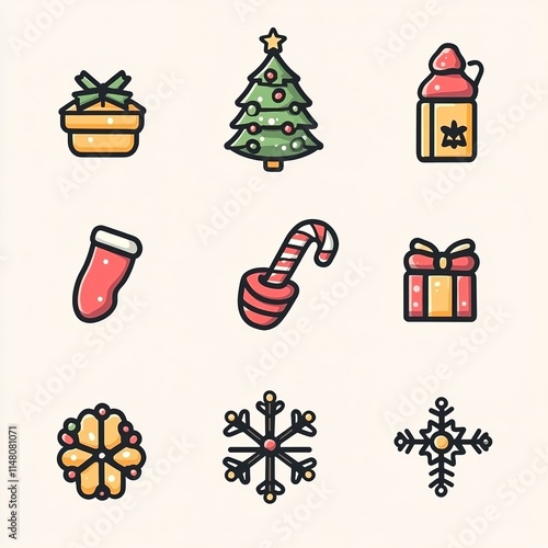 Sleek Modern Vector Icons Set: Christmas Tree, Gift Box, Candy Cane, Snowflake, Santa Hat for Holiday-Themed Graphics