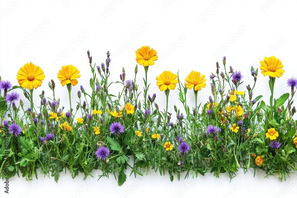 Vibrant Garden Scene with Colorful Wildflowers Including Yellow Marigolds, Purple Thistles, and Lavender Against a White Background Vibrant Garden Scene with Colorful Wildflowers Including Yellow Marigolds, Purple Thistles, and Lavender Against a White Background