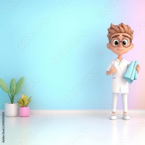 A 3D clipart of a massage therapist holding a towel, standing on the right side of the image, with a randomly colored background4K cartoon animation photo