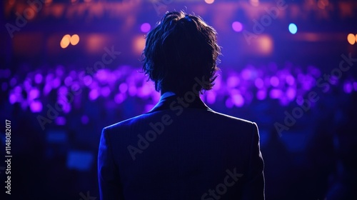 Man in suit facing large audience at a concert or conference.