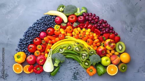 Fresh fruits and veggies arranged in a rainbow spectrum