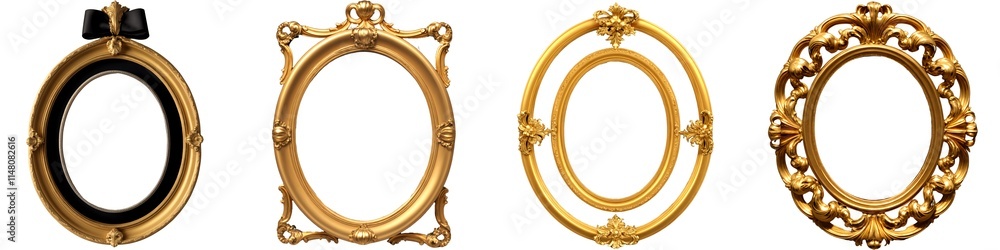 Collection set of golden-toned oval frame with an ornate design on transparent background clipart PNG Collection set of golden-toned oval frame with an ornate design on transparent background clipart PNG