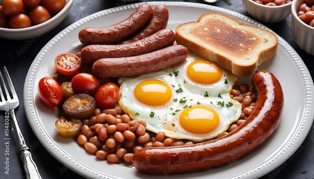 Delicious Full English Breakfast Platter with Fried Eggs, Sausages, Beans, and Toast, Generative AI Delicious Full English Breakfast Platter with Fried Eggs, Sausages, Beans, and Toast, Generative AI