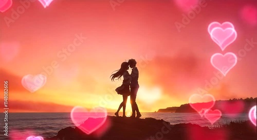 Animated Virtual Backgrounds Couple Silhouette Love Heart Valentines Day Lofi Music Lofi Japanese Manga Anime Style Looping Music Video Background