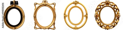 Collection set of golden-toned oval frame with an ornate design on transparent background clipart PNG