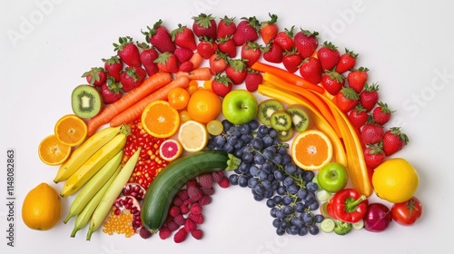 Fresh fruits and veggies arranged in a rainbow spectrum