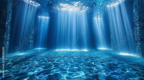 Enchanting Underwater Pool with Cascading Waterfalls and Light Rays