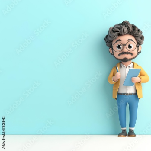 A 3D clipart of a novelist holding a pen, standing on the right side of the image, with a randomly colored background4K cartoon animation