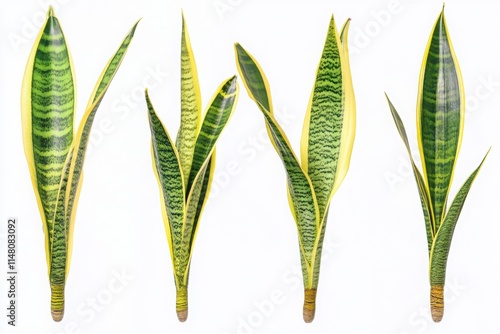 Snake plant (Sansevieria trifasciata) leaves with variegated green and yellow patterns arranged on a white background, perfect for botanical illustrations and nature-inspired designs

