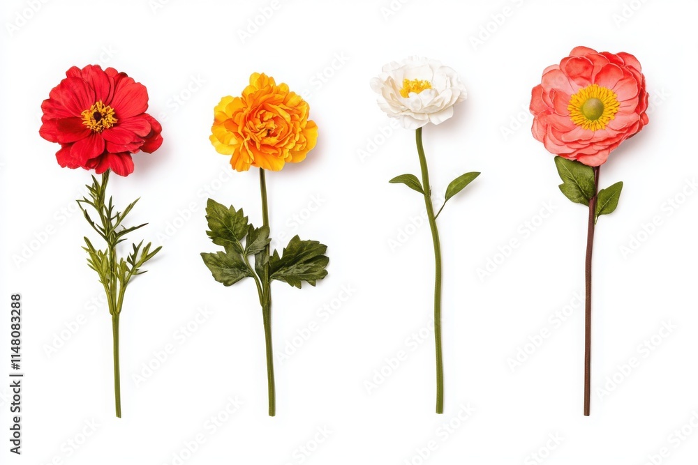 Dahlia, marigold, daisy, and ranunculus flowers in red, yellow, white, and pink arranged on a white background, suitable for spring-themed illustrations and posters

