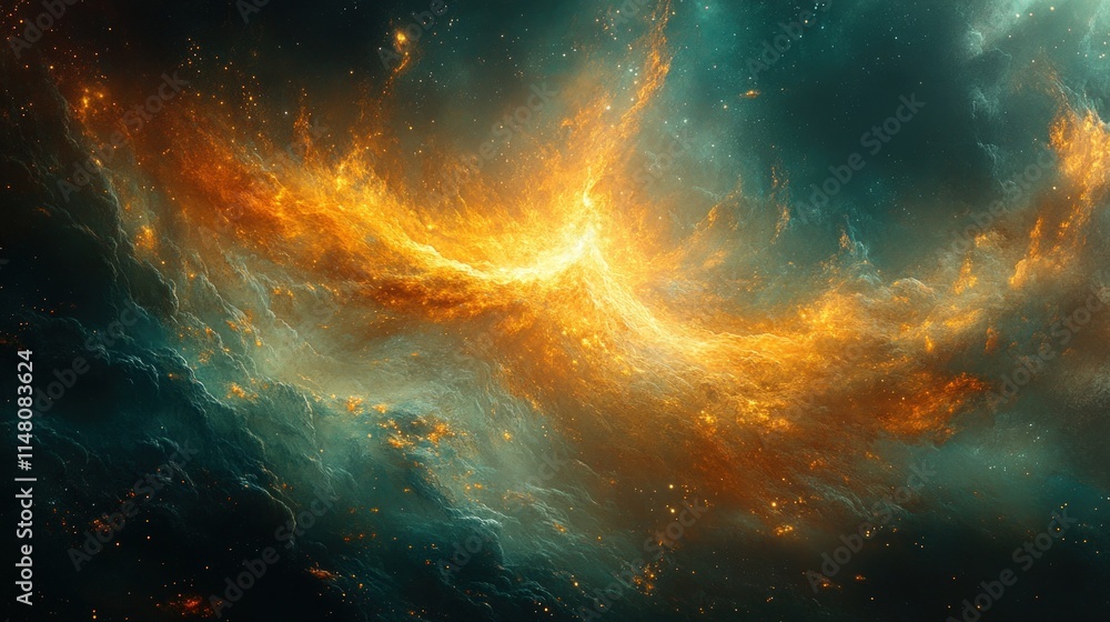 Fototapeta premium Cosmic nebula, fiery orange, teal swirls.