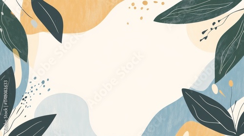 A decorative graphic design featuring abstract shapes and leaves, nature, background, banner in soft color.
